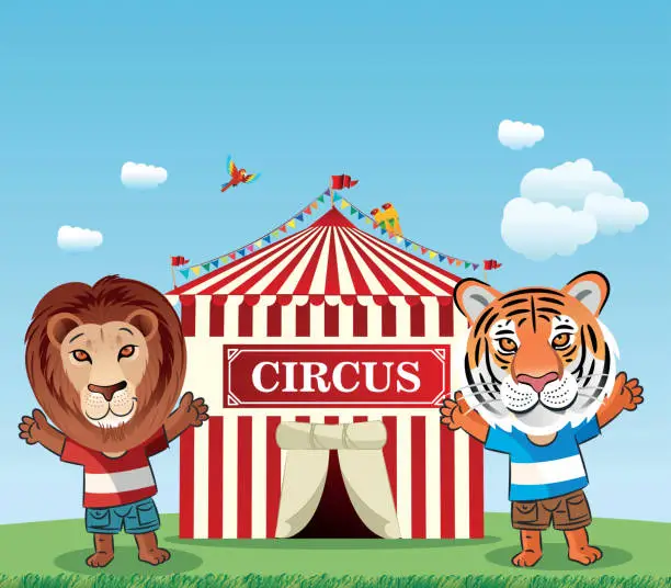 Vector illustration of Circus, Lion and Tiger