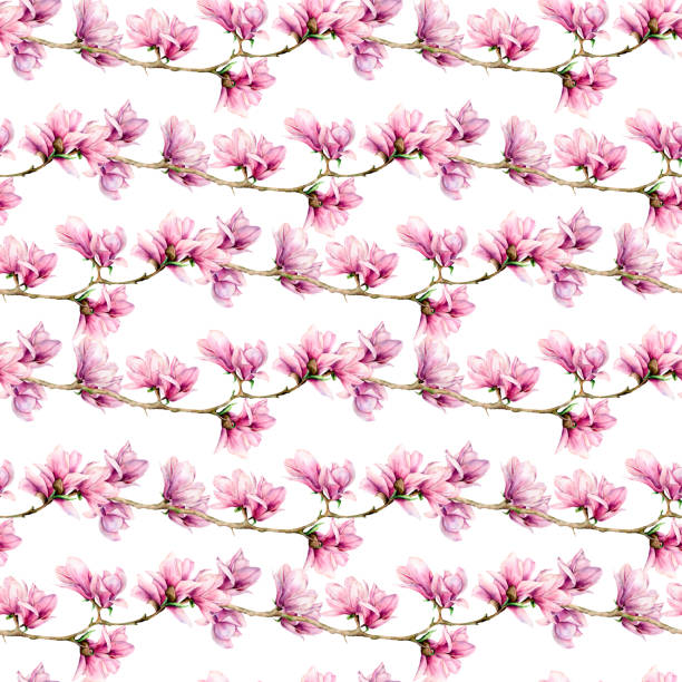 Watercolor magnolia and leaves big seamless pattern. Hand painted flowers and green leaves on branch isolated on white background. Floral illustration for design, print, fabric or background. Watercolor magnolia and leaves big seamless pattern. Hand painted flowers and green leaves on branch isolated on white background. Floral illustration for design, print, fabric or background Magnolia stock illustrations