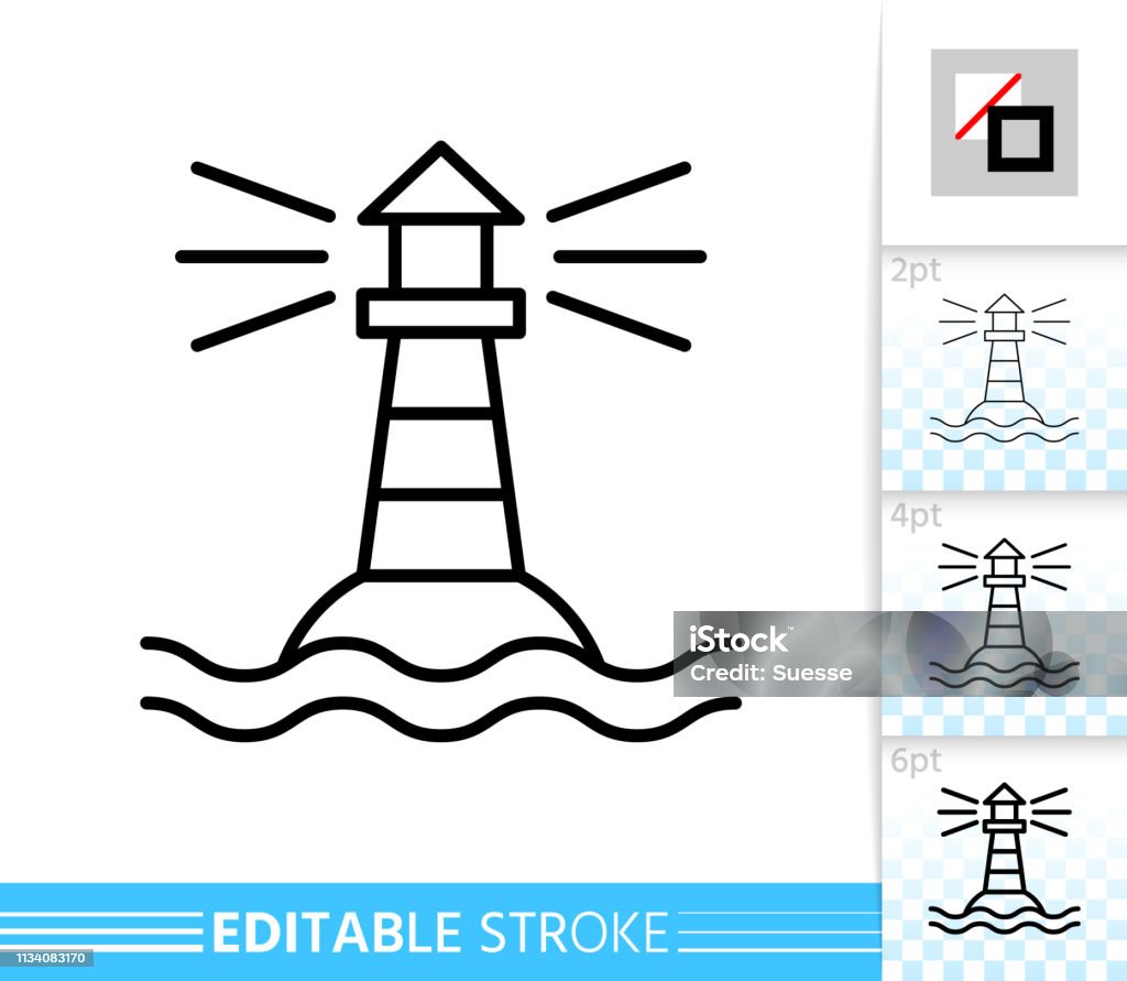 Lighthouse beacon navigation thin line vector icon Lighthouse thin line icon. Beacon banner in flat style. Navigation poster. Linear pictogram. Simple illustration, outline symbol. Vector sign isolated on white. Editable stroke icons without fill Adventure stock vector