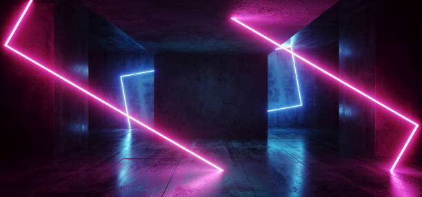 istock Retro Neon Laser Modern Sci Fi Elegant Retro Club Stage Glowing  Blue Pink Purple Frame Light Rectangle In Dark Empty Grunge Concrete Tunnel Hall Room 3D Rendering 1134084111