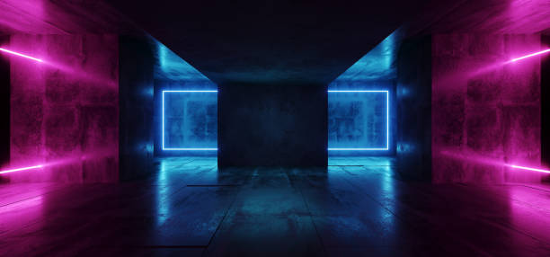 istock Retro Neon Laser Modern Sci Fi Elegant Retro Club Stage Glowing  Blue Pink Purple Frame Light Rectangle In Dark Empty Grunge Concrete Tunnel Hall Room 3D Rendering 1134084147