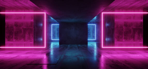 istock Retro Neon Laser Modern Sci Fi Elegant Retro Club Stage Glowing  Blue Pink Purple Frame Light Rectangle In Dark Empty Grunge Concrete Tunnel Hall Room 3D Rendering 1134084185