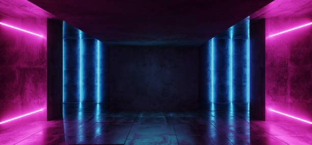 istock Retro Neon Laser Modern Sci Fi Elegant Retro Club Stage Glowing  Blue Pink Purple Frame Light Rectangle In Dark Empty Grunge Concrete Tunnel Hall Room 3D Rendering 1134084196