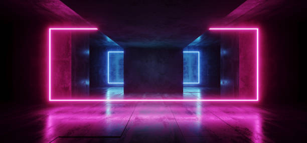 istock Retro Neon Laser Modern Sci Fi Elegant Retro Club Stage Glowing  Blue Pink Purple Frame Light Rectangle In Dark Empty Grunge Concrete Tunnel Hall Room 3D Rendering 1134084237