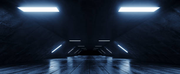 istock Sci Fi Futuristic Alien Spaceship  Dark Empty Grunge Concrete Reflective Tiled Floor And White Blue Glowing Led Lights Studio Hall Corridor Tunnel 3D Rendering 1134084303