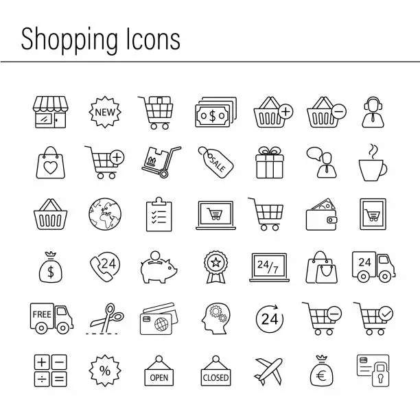 Vector illustration of Vector Shopping Commerce icon set. Single line