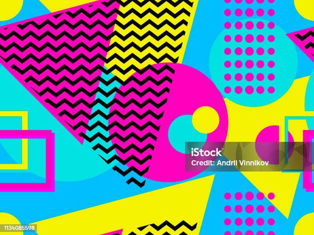 Seamless Pattern With Geometric Elements In The Style Of 80s Points And Dotted Lines Vector Illustration Stock Illustration - Download Image Now