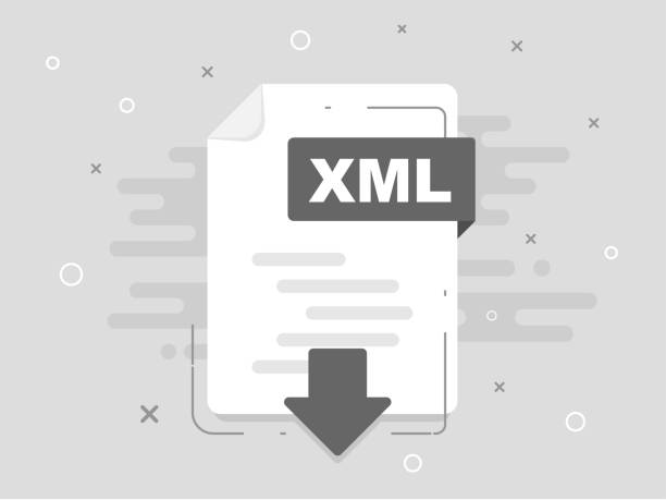 Download XML icon file with label. Downloading document concept. Banner for business, marketing and advertising. Vector Illustration. High quality design can be used for greeting cards, flyers, invitations, poster, brochures, calendar, banner, brochures, presentations, application mobile, web design, to everything. Everything built on layers. Design easy to use. extensible markup language stock illustrations