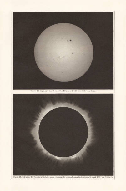 illustrations, cliparts, dessins animés et icônes de surface du soleil et éclipse, chromolithographes après photographies, publié en 1897 - prominence