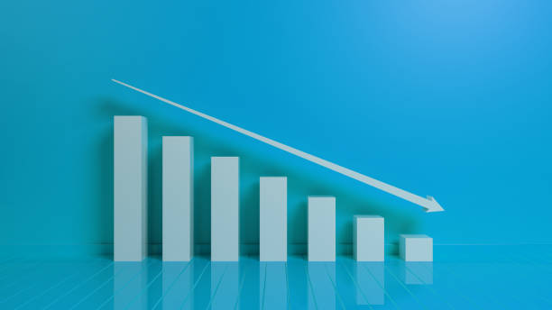 Going Down Bar Chart On Blue Background Reduction, Icon, Graph, Performance, Finance deterioration stock pictures, royalty-free photos & images
