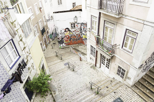 Lisbon, Portugal - 15 04 2015: People walking on a street stairs of Lisbon in Alfama district