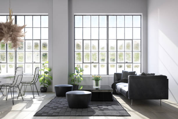Living room loft in industrial style Living room loft in industrial style, 3d render dirty old couch stock pictures, royalty-free photos & images
