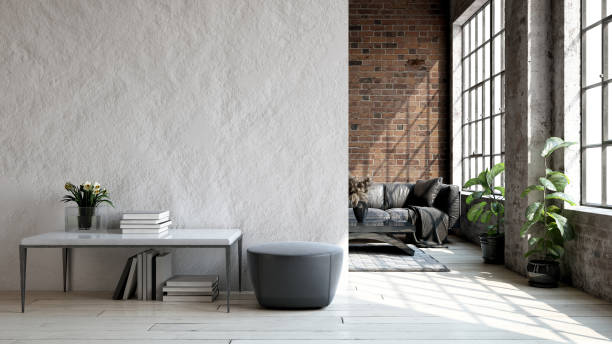 Living room loft in industrial style Living room loft in industrial style, 3d render industrial living room stock pictures, royalty-free photos & images