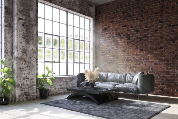 Living room loft in industrial style Living room loft in industrial style, 3d render dirty old couch stock pictures, royalty-free photos & images