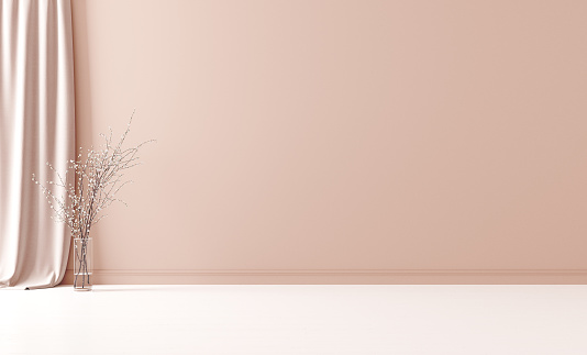 Wall mock up in empty interior background, room with pastel peach color wall, 3d render