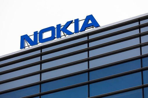 ESPOO, FINLAND - MARCH 03, 2019: Big Nokia brand name on top of an office building in Nokia Campus in Espoo, Finland