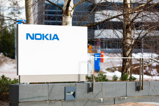 Blue Nokia logo on white board stock photo