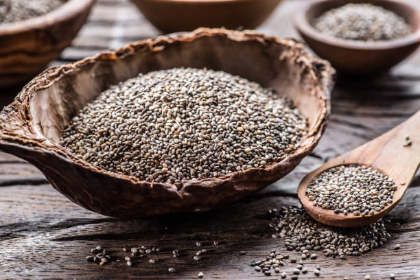 istock Chia seeds in organic dish. 1134096479