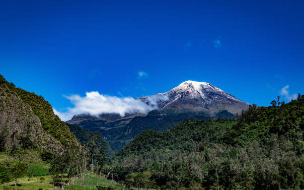 Beautiful view of the Tolima snowy peak A Beautiful view of the Tolima snowy peak contrasted in a bright blue sky with few clouds taken from the outskirts of Ibague Tolima tolima stock pictures, royalty-free photos & images