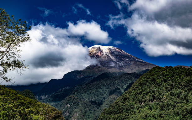 Beautiful view of the Tolima snowy peak C Beautiful view of the Tolima snowy peak contrasted in a bright blue sky with few clouds taken from the outskirts of Ibague Tolima tolima stock pictures, royalty-free photos & images