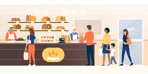 People shopping in the bakery People shopping in the bakery and shop assistants working and selling fresh bread to the customers bakery stock illustrations