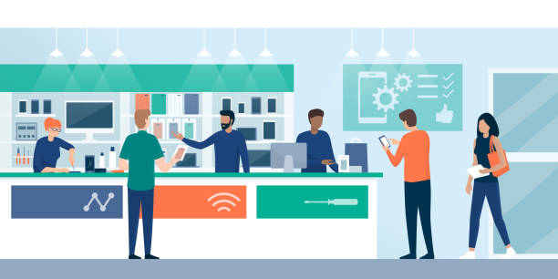 bir telefon tamir mağazasından alışveriş yapan müşteriler - mağaza perakende satış alanı stock illustrations