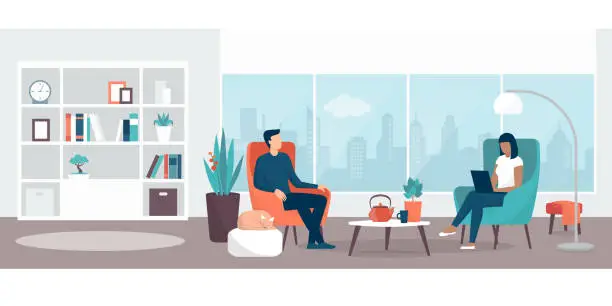 Vector illustration of Couple relaxing at home in the living room