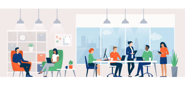 Business people working together in a coworking space Business people working together in a co-working space, they are connecting with their computers and discussing a project, teamwork concept business person illustrations stock illustrations