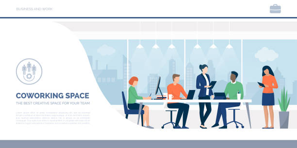 ludzie biznesu pracujący razem w przestrzeni coworkingowej - biuro stock illustrations
