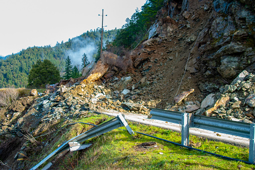 A winter rock slide closes a state highway in Mendocino County in northern California.