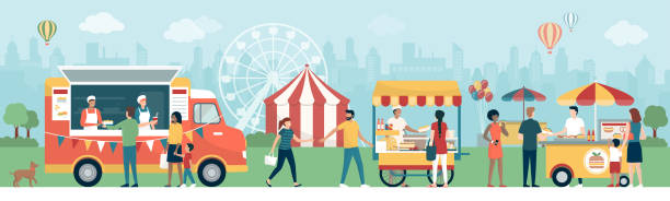 People at the street food festival in the city park People and families at the street food festival in the city park, they are enjoying and eating delicious snacks, circus and panoramic wheel in the background exhibition illustrations stock illustrations