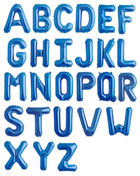 englisches alphabet aus blau glänzenden luftballons - großbuchstabe stock-fotos und bilder