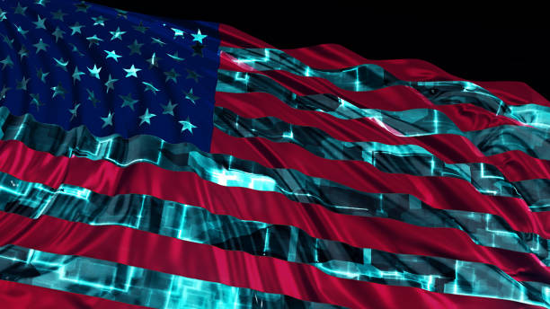 representación 3d de la bandera americana hecha en estilo cibernético. la bandera se desarrolla suavemente en el viento - government flag american culture technology fotografías e imágenes de stock