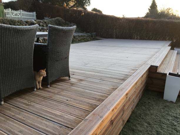 Wooden deck in frost stock photo