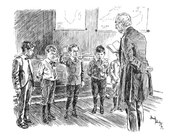 British satire comic cartoon illustrations - Five young boys standing in front of instructor with book - illustration From Punch's Almanack 1899. punch puppet stock illustrations
