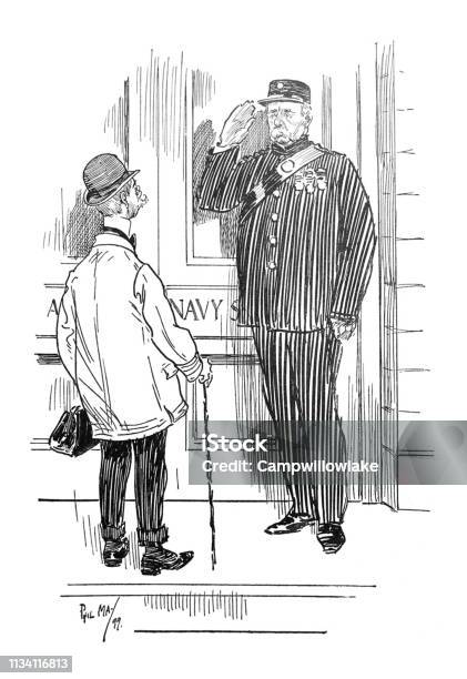 British Satire Comic Cartoon Illustrations Two Men Outside Of Army And Navy Store Illustration Stock Illustration - Download Image Now
