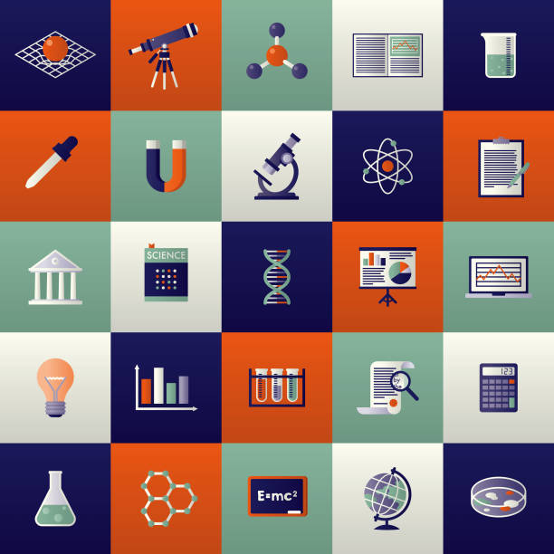 Science Icon Set A set of icons. File is built in the CMYK color space for optimal printing. Color swatches are global so it’s easy to edit and change the colors. stem research stock illustrations