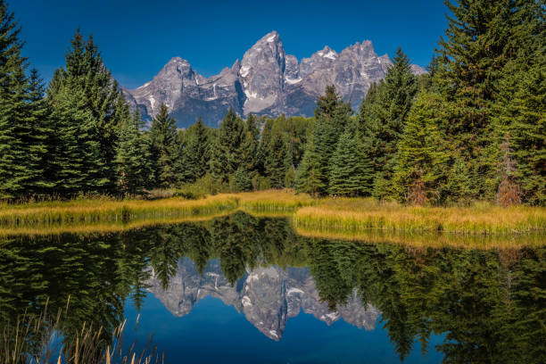 гранд-титон сцены осенью с размышлениями - idaho mountains стоковые фото и изображения