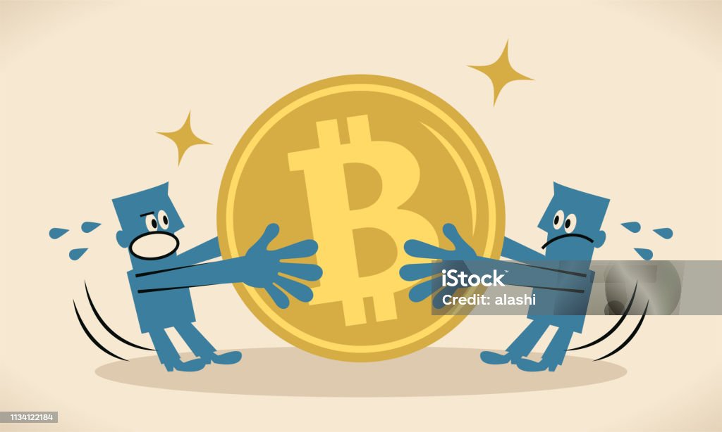Two businessmen fighting for a big Bitcoin currency coin Blue Little Guy Characters Full Length Vector art illustration.Copy Space.
Two businessmen fighting for a big Bitcoin currency coin. Coin stock vector