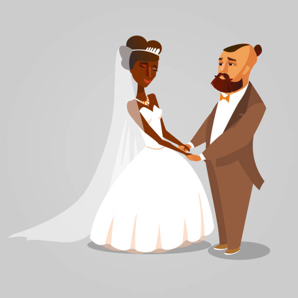 Bride and Groom, Newlyweds Cartoon Illustration Bride and Groom, Newlyweds Cartoon Illustration. Dark Skin Wife Vector Character. Wedding Ceremony Flat Postcard Concept. Just Married Holding Hands Isolated Drawing. Multicultural Couple african bride and groom stock illustrations