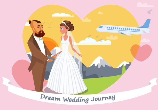 ilustrações, clipart, desenhos animados e ícones de disposição do poster do vetor da lua de mel com lettering - honeymoon wedding married engagement