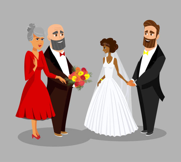 Bride, Groom with Parents Vector Design Element Bride, Groom with Parents Vector Design Element. Son-In-Law, Daughter-In-Law, Parents Cartoon Characters. Wedding Ceremony Celebration Flat Drawing. Greeting Card Design Element. Isolated Clipart african bride and groom stock illustrations