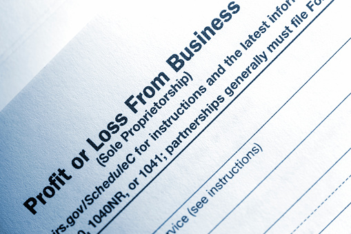 Close-up of the Profit or Loss from Business portion of the U.S. Individual Income Tax Form 1040. Sole Proprietorship.
