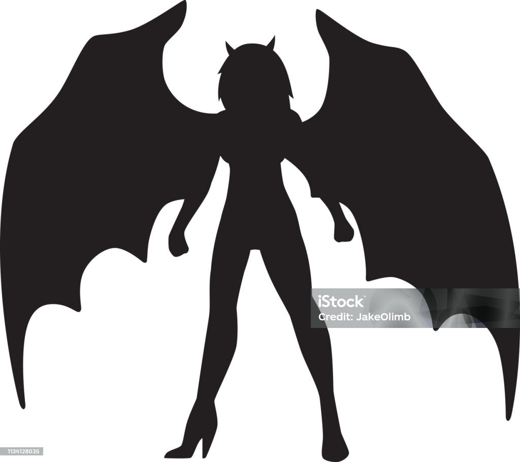 Demon Lady Silhouette Vector silhouette of a demon lady with horns and wings, wearing high heels. Devil stock vector