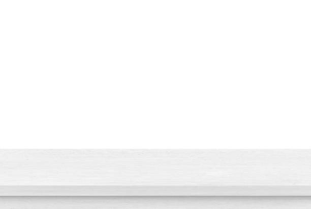 白い背景の空の白い木のテーブルの上、プロダクトの表示のためのテンプレートのモックアップ - old table ストックフォトと画像