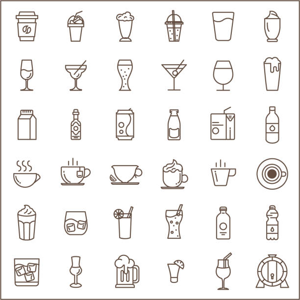 ilustrações, clipart, desenhos animados e ícones de jogo de ícones relacionados da linha do vetor da bebida e da bebida - drink carton