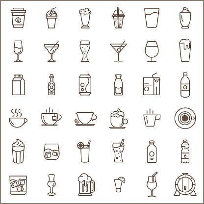 Contains such Icons as coffee, ice coffee, wine, beer, juice, milk, tea, soda and more. 
customize color, stroke width control  , easy resize.
