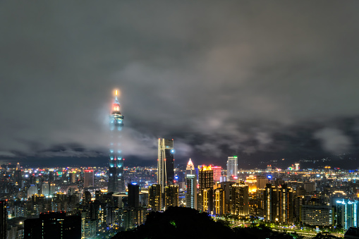 Night view of Taipei 101 and cityscape from a high angle on Elephant Mountain (aka Nangang District Hiking Trail)