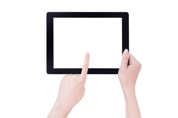 istock Young beautiful girl holding a black tablet pc template with white screen isolated on white background, close up, mock up, clipping path, cut out 1134140866