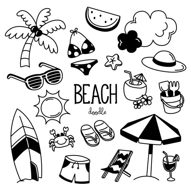 ilustraciones, imágenes clip art, dibujos animados e iconos de stock de estilos de dibujo a mano con artículos de playa. playa de doodle. - fruit watermelon drawing doodle